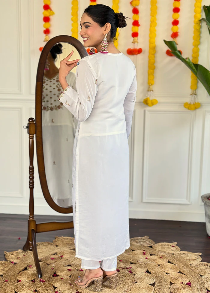 3 Pc White Readymade Viscose Dupatta Suit Set