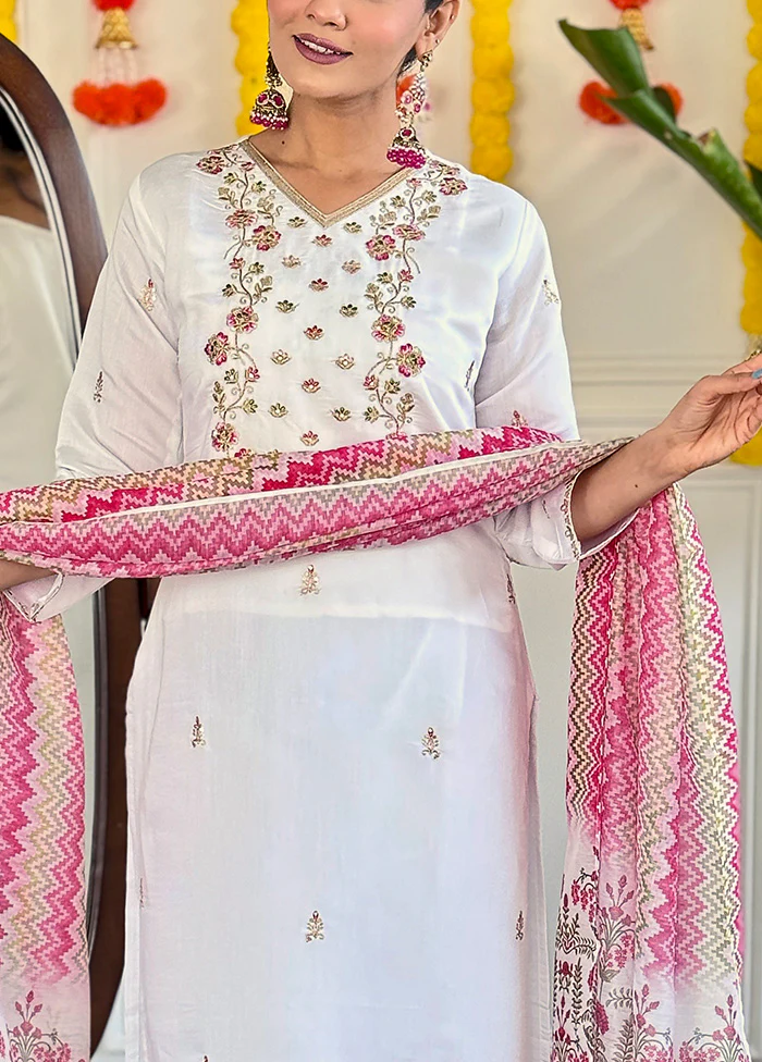 3 Pc White Readymade Viscose Dupatta Suit Set - Image 2