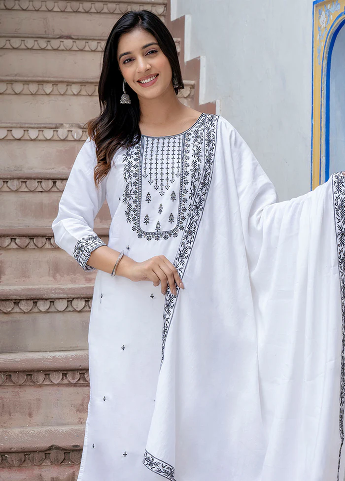 3 Pc White Readymade Viscose Dupatta Suit Set - Image 2