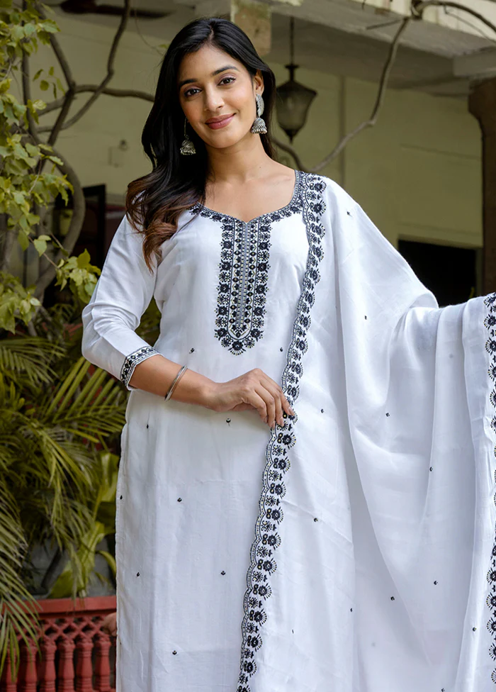 3 Pc White Readymade Viscose Dupatta Suit Set - Image 2