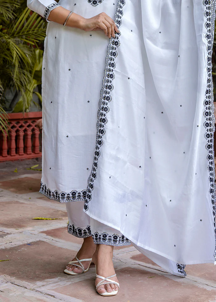 3 Pc White Readymade Viscose Dupatta Suit Set - Image 3