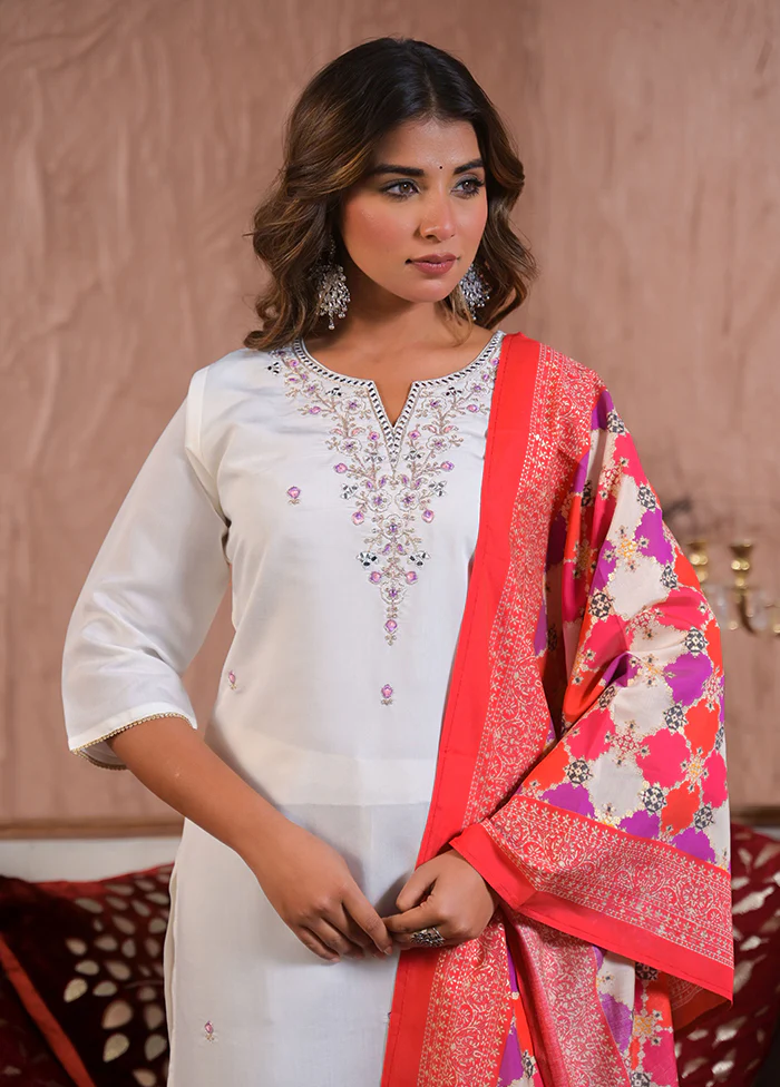 3 Pc White Readymade Viscose Dupatta Suit Set - Image 2