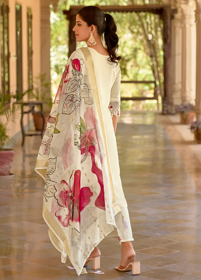 3 Pc White Readymade Viscose Dupatta Suit Set - Image 3