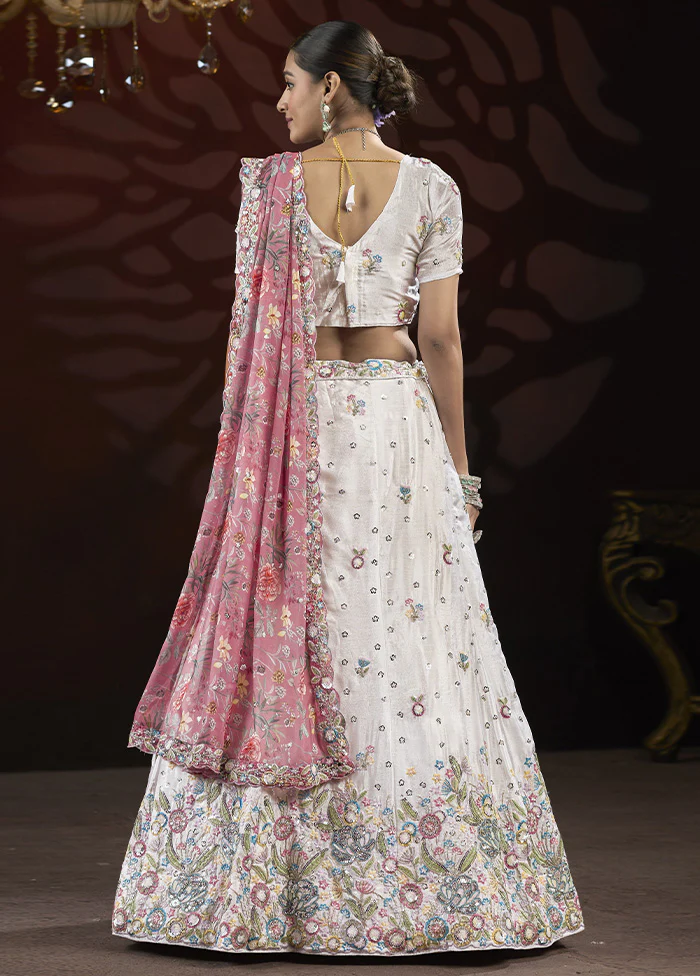 3 Pc White Silk Semi Stitched Lehenga Set - Image 2