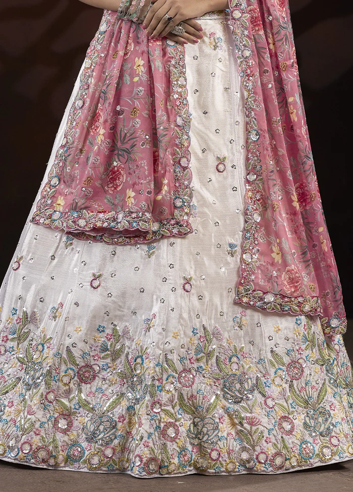 3 Pc White Silk Semi Stitched Lehenga Set - Image 3