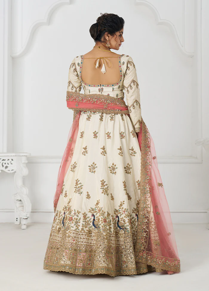 3 Pc White Silk Semi Stitched Lehenga Set - Image 3