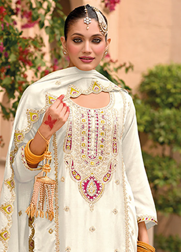 3 Pc White Silk Sharara Suit Set - Image 2