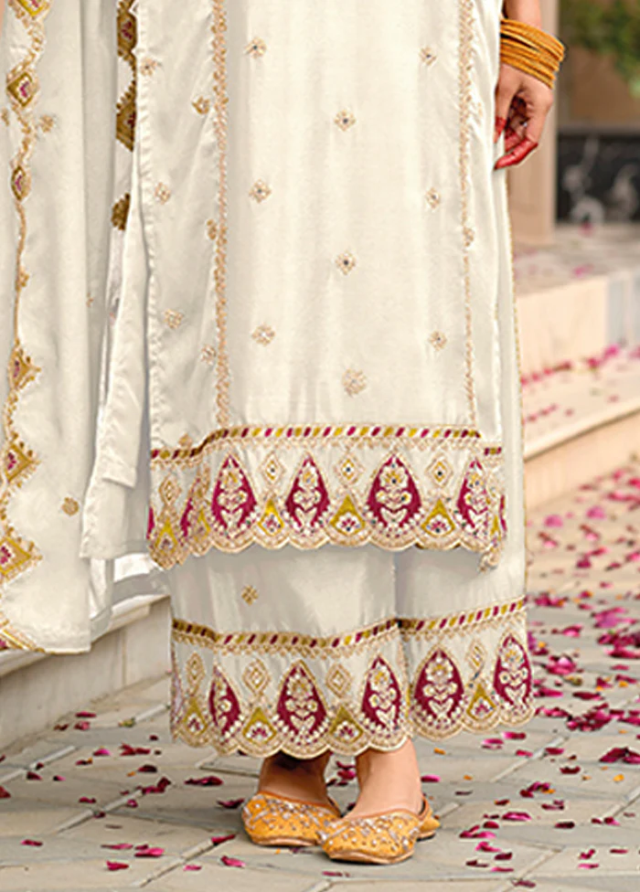 3 Pc White Silk Sharara Suit Set - Image 3