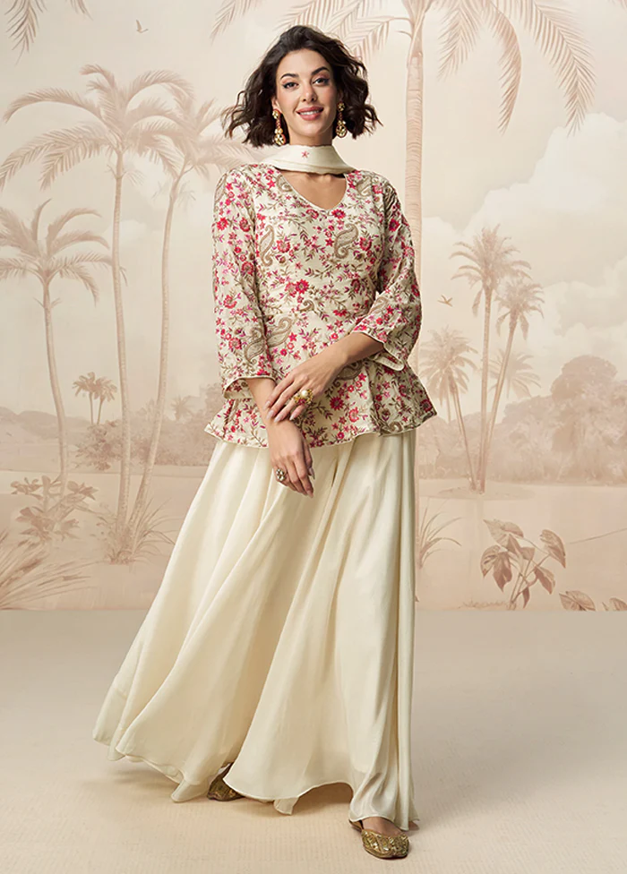 3 Pc White Silk Palazzo Suit Set