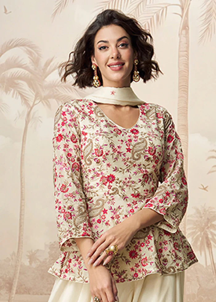 3 Pc White Silk Palazzo Suit Set - Image 2