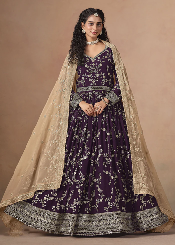3 Pc Wine Georgette Anarkali Suits Set