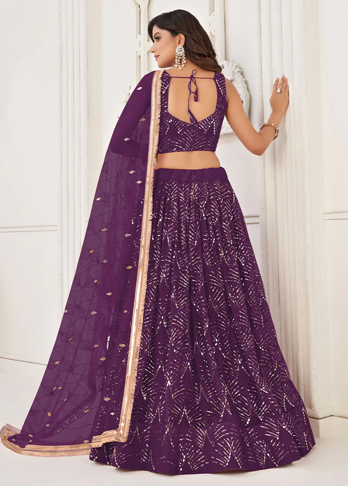 3 Pc Wine Net Semi Stitched Lehenga Set - Image 2