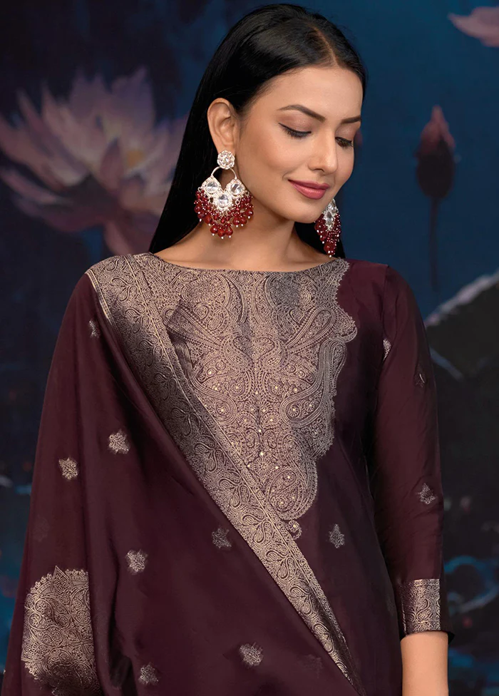 3 Pc Wine Pure Semi Stitched Silk Dupatta Suit Set - Image 2