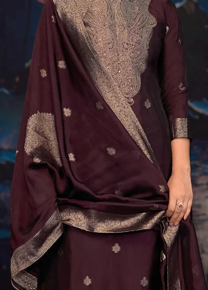 3 Pc Wine Pure Semi Stitched Silk Dupatta Suit Set - Image 3