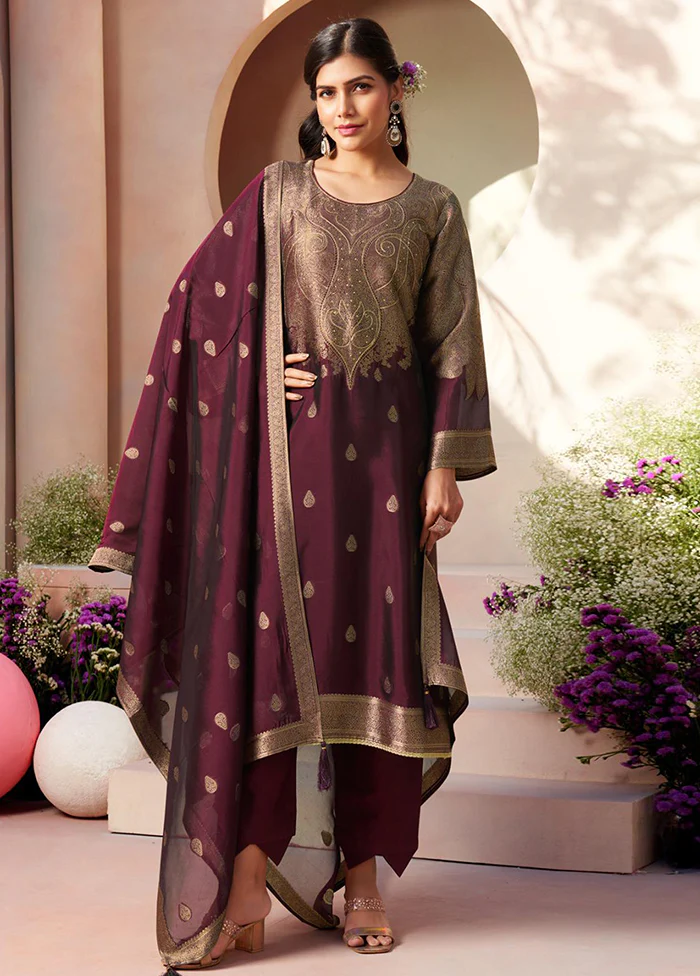 3 Pc Wine Pure Semi Stitched Silk Dupatta Suit Set