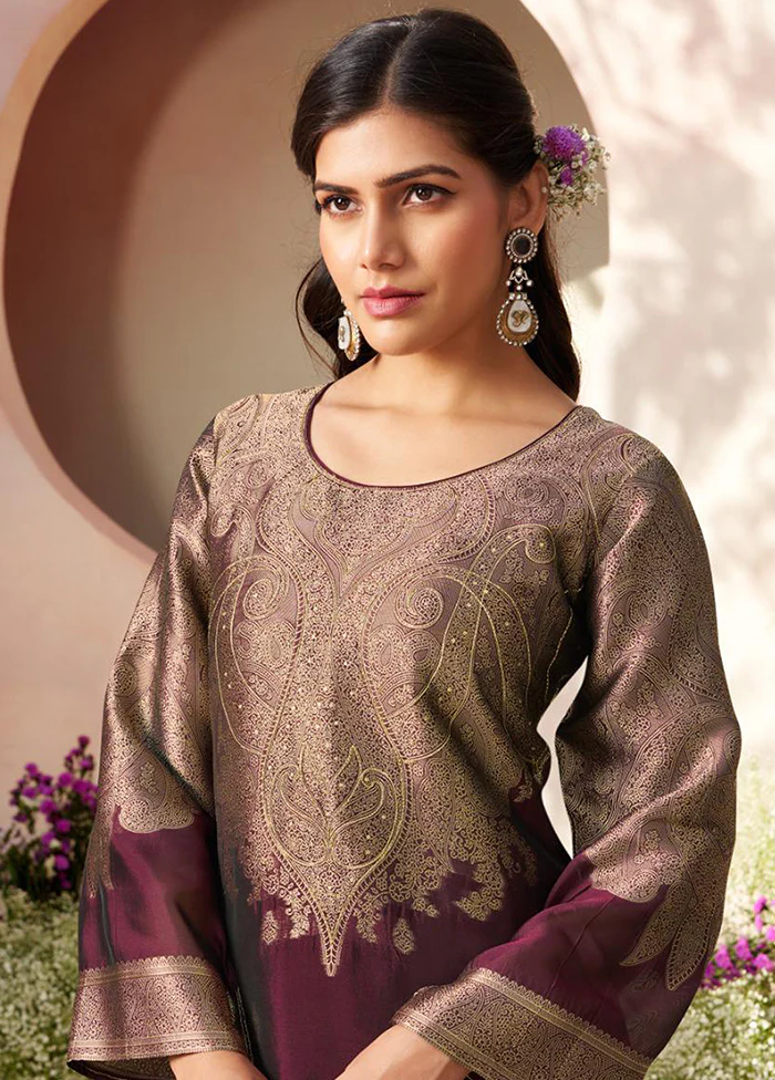 3 Pc Wine Pure Semi Stitched Silk Dupatta Suit Set - Image 2
