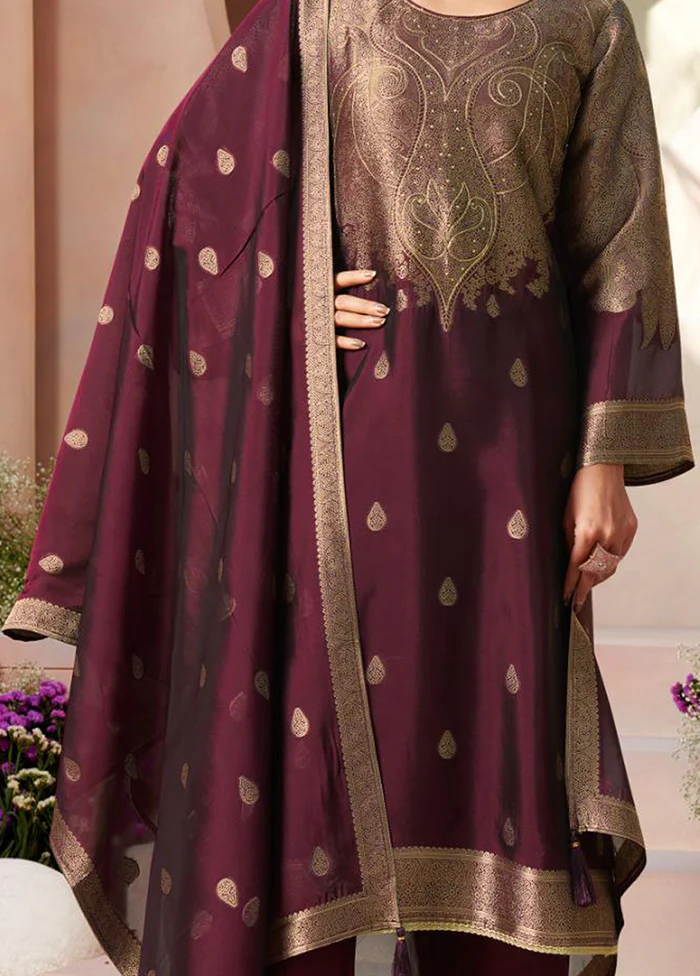 3 Pc Wine Pure Semi Stitched Silk Dupatta Suit Set - Image 3