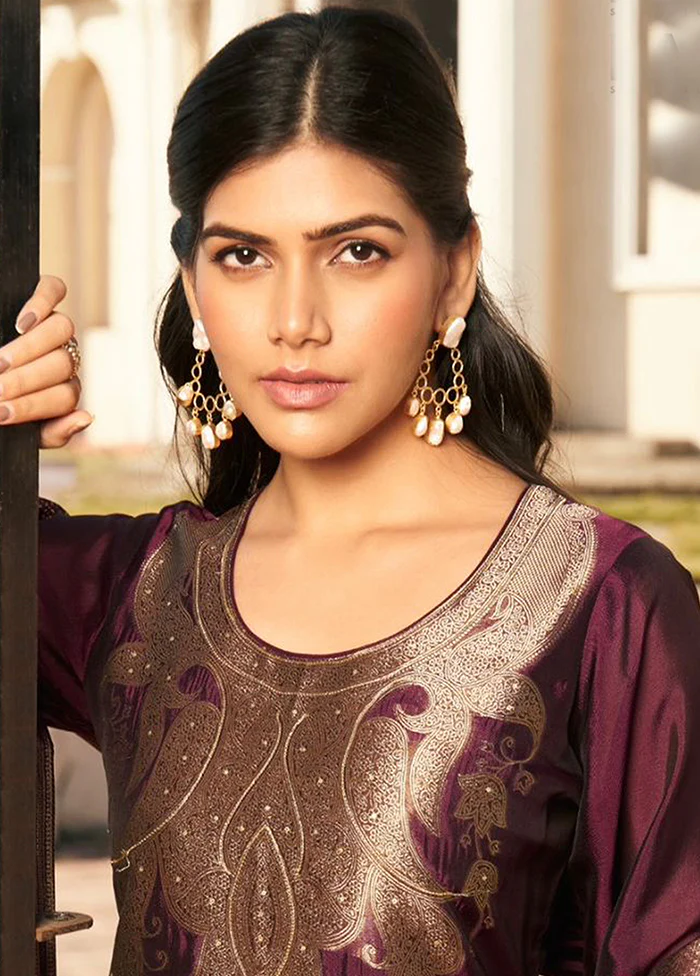 3 Pc Wine Pure Semi Stitched Silk Dupatta Suit Set - Image 2
