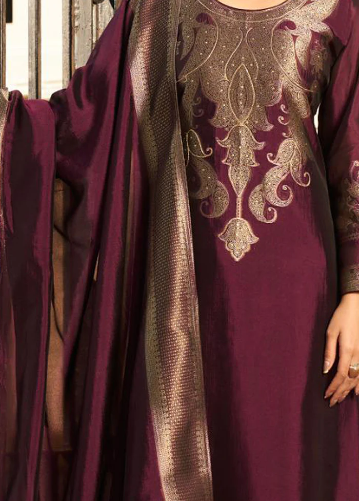 3 Pc Wine Pure Semi Stitched Silk Dupatta Suit Set - Image 3