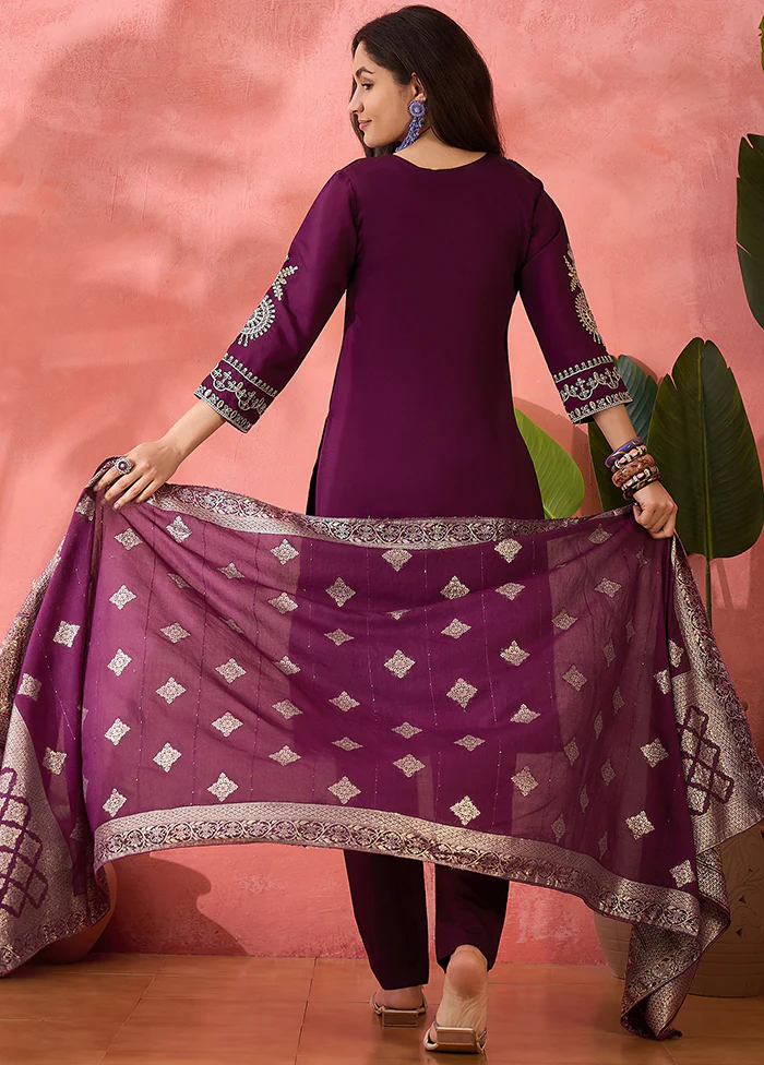3 Pc Wine Readymade Silk Dupatta Suit Set - Image 3
