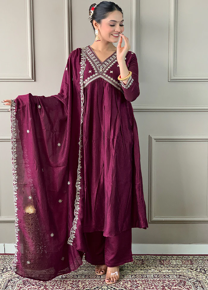 3 Pc Wine Readymade Silk Dupatta Suit Set