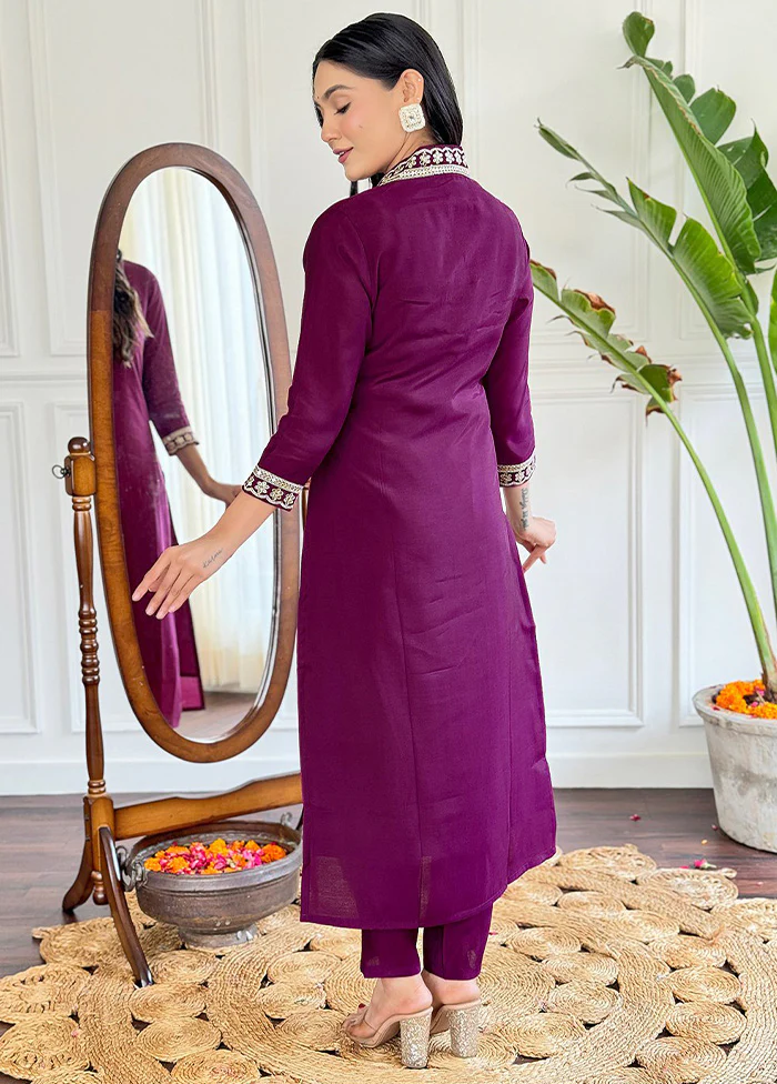 3 Pc Wine Readymade Viscose Dupatta Suit Set - Image 2