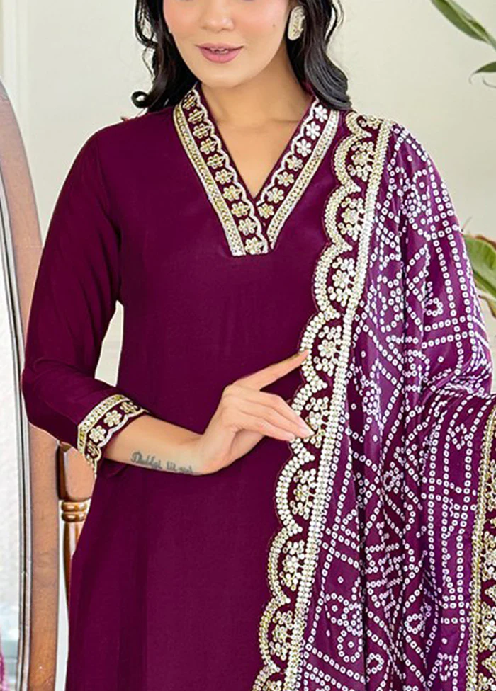 3 Pc Wine Readymade Viscose Dupatta Suit Set - Image 3