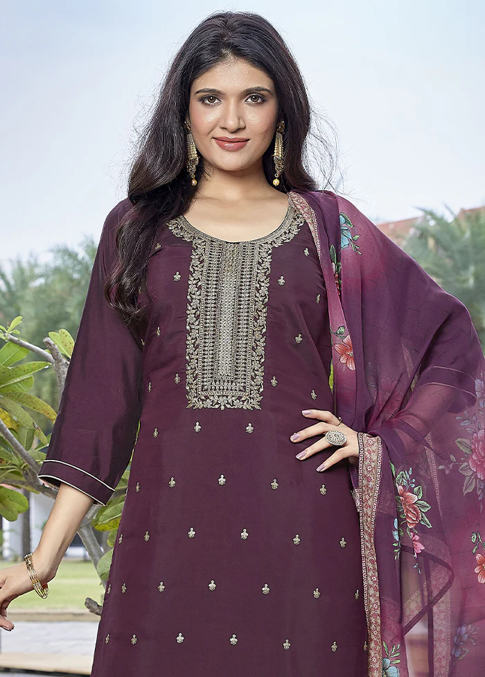 3 Pc Wine Readymade Viscose Dupatta Suit Set - Image 2