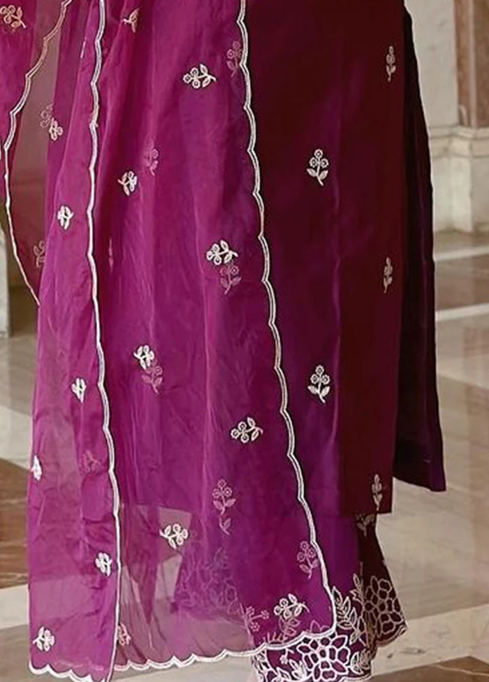 3 Pc Wine Readymade Viscose Dupatta Suit Set - Image 3