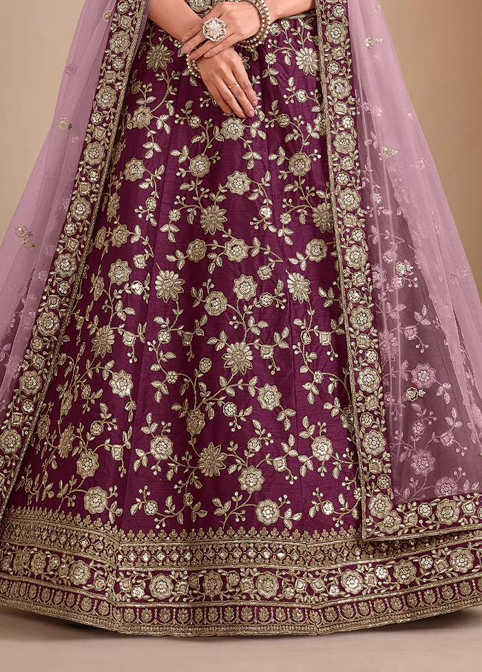 3 Pc Wine Silk Semi Stitched Lehenga Set - Image 2