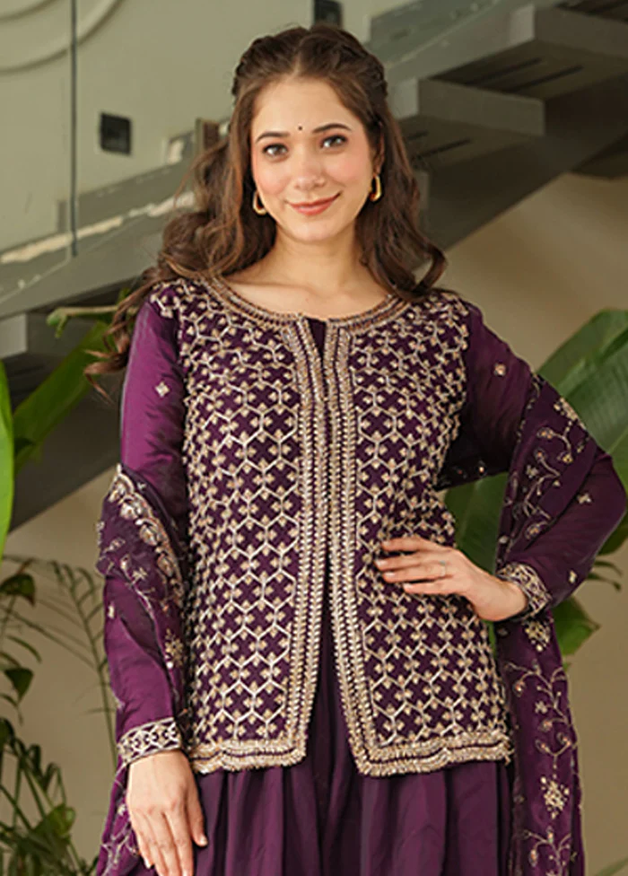 3 Pc Wine Silk Sharara Suits Set - Image 2