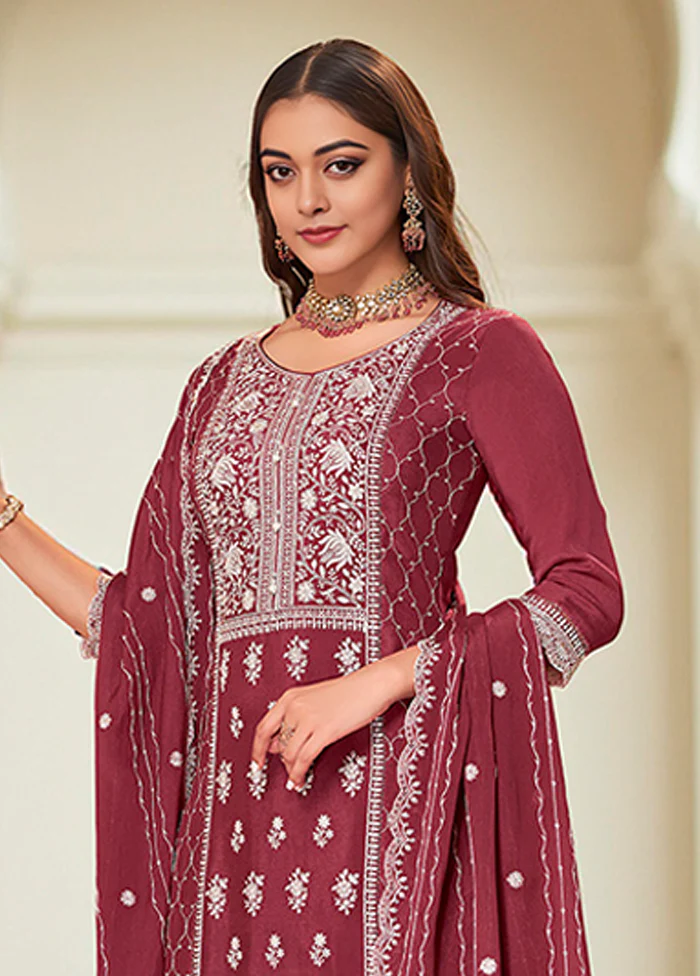 3 Pc Wine Silk Plazzo Suits Set - Image 2