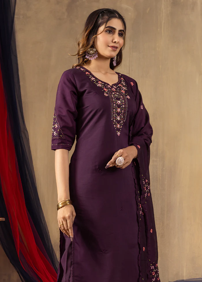 3 Pc Wine Silk Suit Set - Image 3