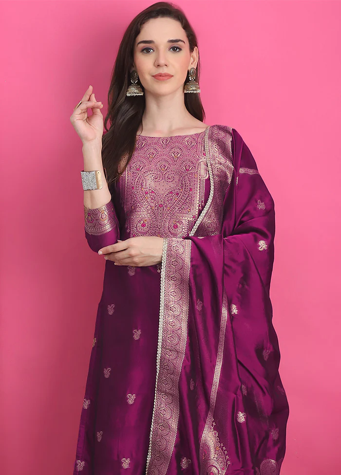 3 Pc Wine Unstitched Silk Suit Set - Image 2