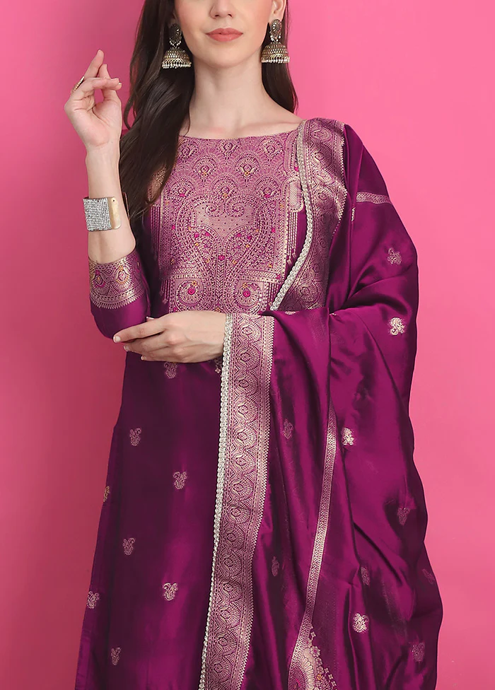 3 Pc Wine Unstitched Silk Suit Set - Image 3
