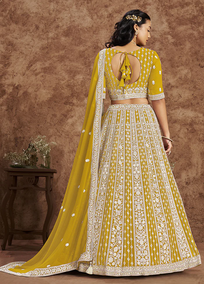 3 Pc Yellow Georgette Semi Stitched Lehenga Set - Image 2