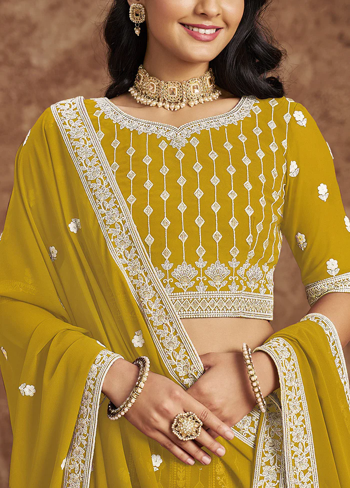 3 Pc Yellow Georgette Semi Stitched Lehenga Set - Image 3