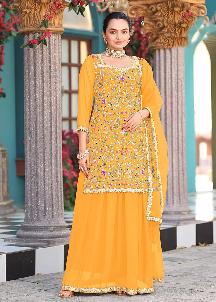 3 Pc Yellow Georgette Plazzo Skirt Suit Set