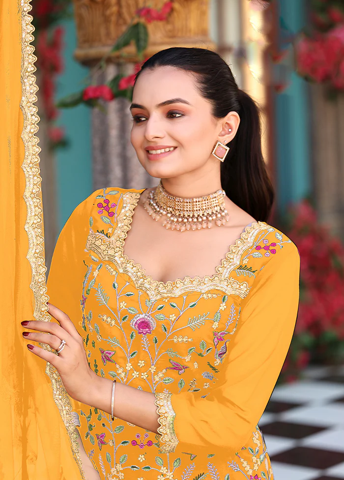 3 Pc Yellow Georgette Plazzo Skirt Suit Set - Image 2