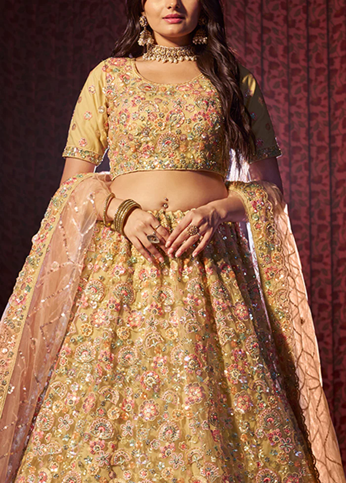 3 Pc Yellow Net Semi Stitched Lehenga Set - Image 3