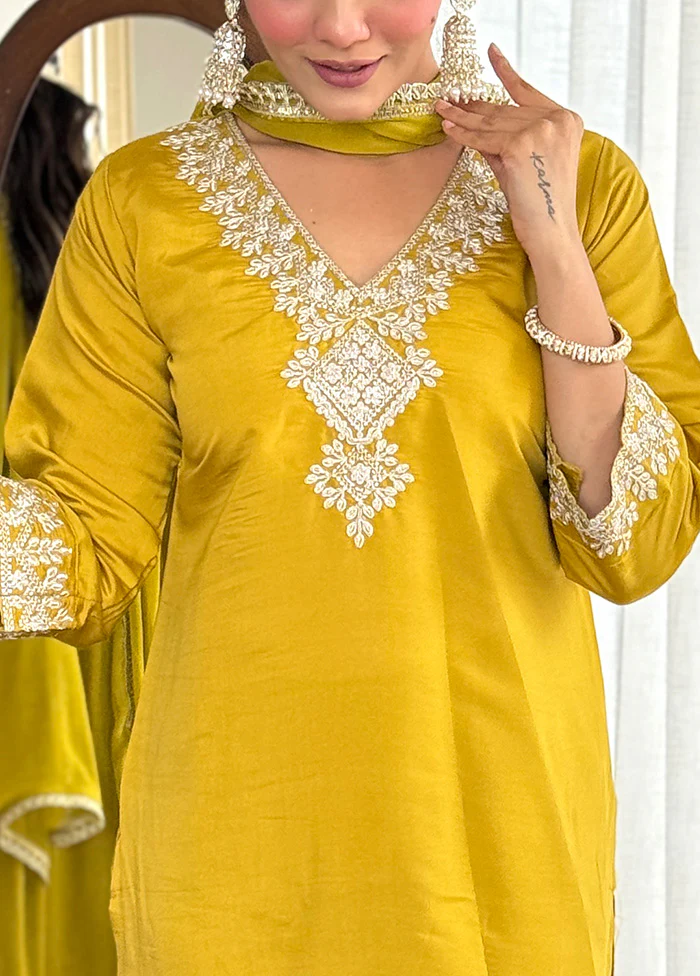 3 Pc Yellow Readymade Chanderi Dupatta Suit Set - Image 2