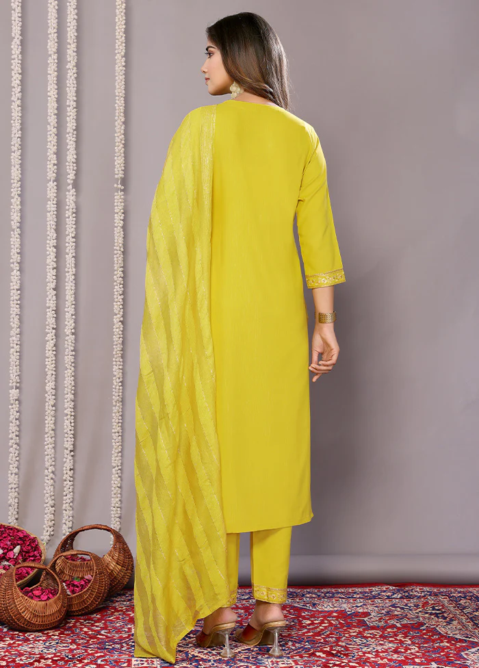 3 Pc Yellow Readymade Cotton Suit Set - Image 2