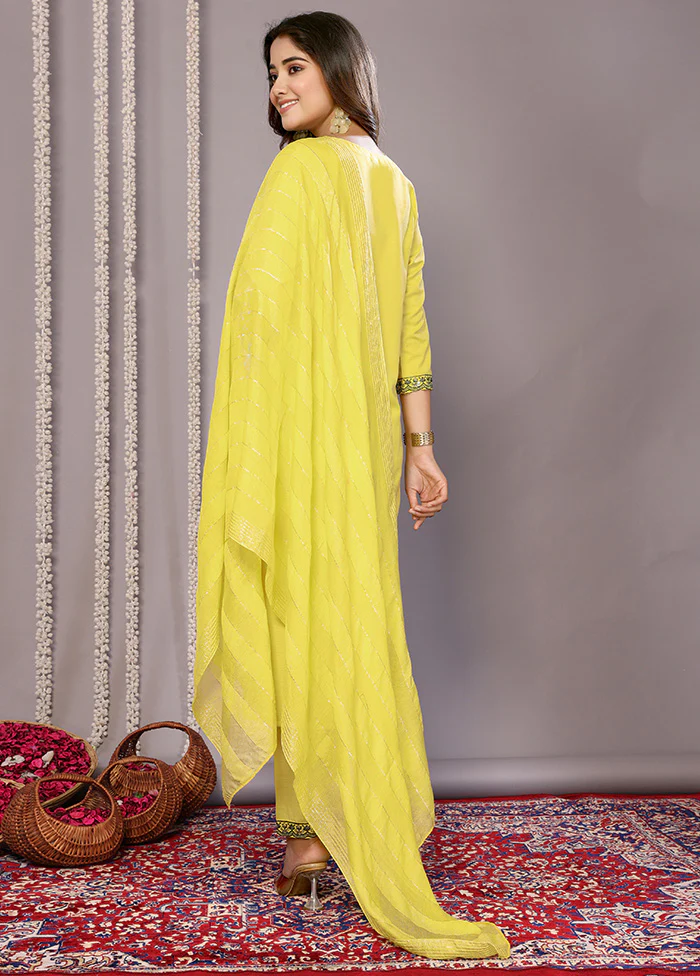 3 Pc Yellow Readymade Cotton Suit Set - Image 2