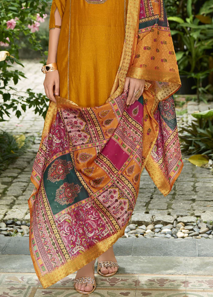3 Pc Yellow Readymade Silk Dupatta Suit Set - Image 3