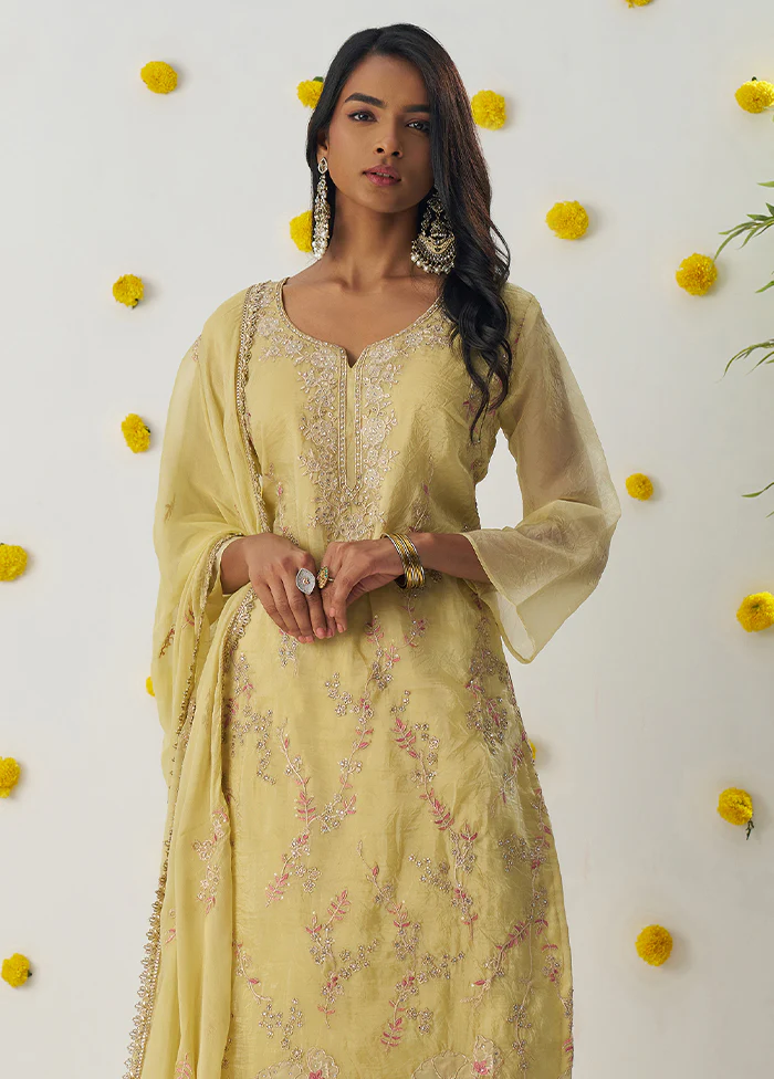 3 Pc Yellow Readymade Silk Dupatta Suit Set - Image 2