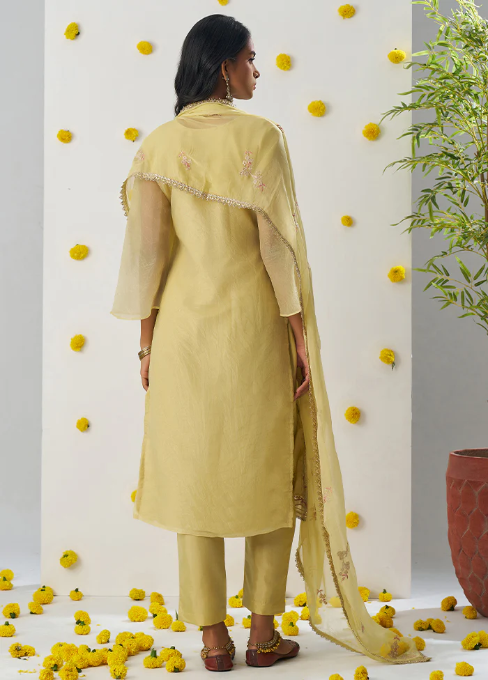 3 Pc Yellow Readymade Silk Dupatta Suit Set - Image 3