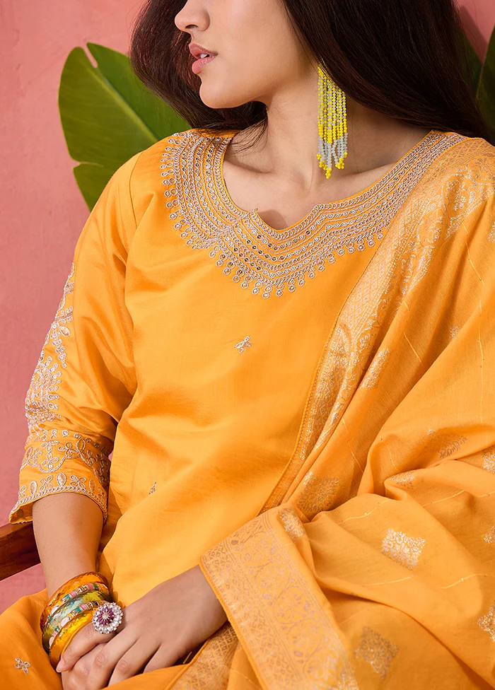 3 Pc Yellow Readymade Silk Dupatta Suit Set - Image 2