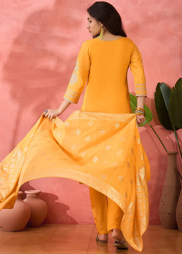 3 Pc Yellow Readymade Silk Dupatta Suit Set - Image 3