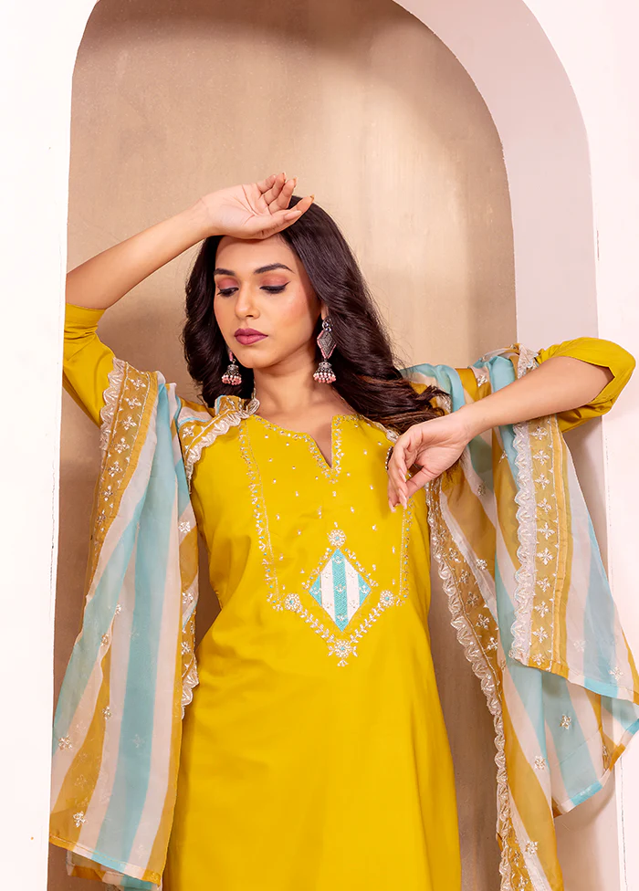 3 Pc Yellow Readymade Silk Dupatta Suit Set - Image 2