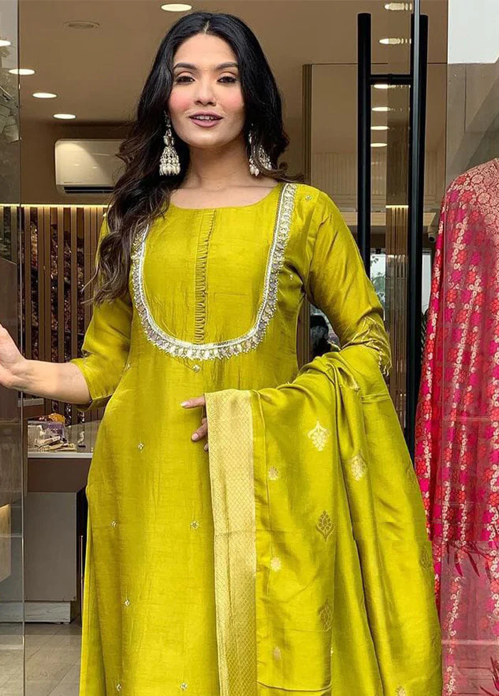 3 Pc Yellow Readymade Viscose Dupatta Suit Set - Image 2